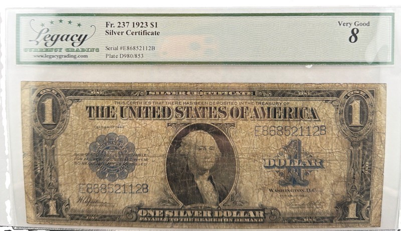 FR 237* 1923 $1 Silver Certificate. Legacy VG8 HORSE BLANKET!