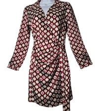 Mango MNG Faux Wrap Shirt Dress XS Red Pink Cream Long Sleeve Zip Mod Retro