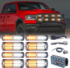 8PCS LED Emergency Strobe Grille Lights Amber White Warning Flash Kit Sync