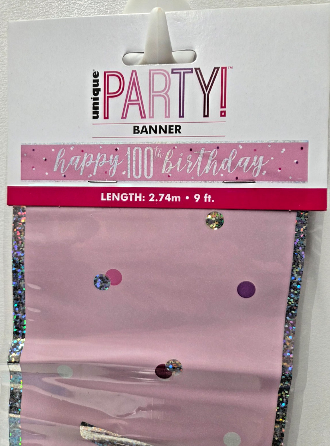 Age 100 Pink Silver Happy 100th Birthday 9ft foil Banner Party Decor Holograpic