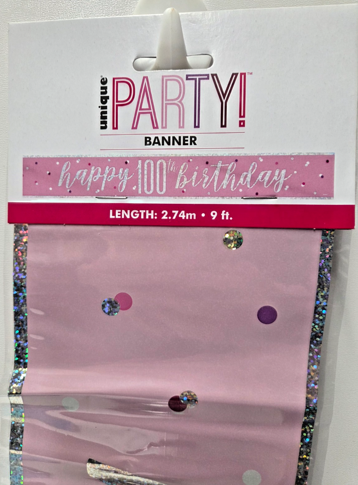 Age 100 Pink Silver Happy 100th Birthday 9ft foil Banner Party Decor Holograpic