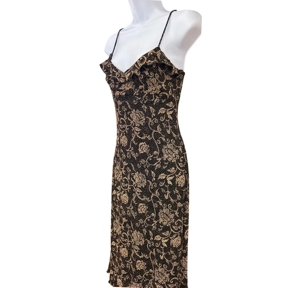 Vestido sin Mangas Floral Metálico La Belle Negro Dorado Vintage Y2K Midi Hecho en Fiesta EE. UU. Foto 3 de 4