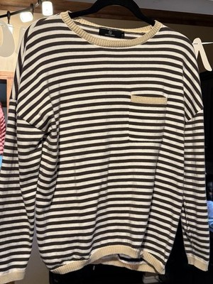 Lillusory Grey/Beige/White Striped Pullover Sweater Crew Neck Pocket S
