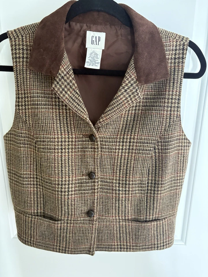 复古 GAP Houndstooth 粗花呢格子羊毛马海毛长裤 10 & 背心 L 漂亮 — 第 3/4 张图片