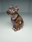 Fenton Carnival Glass Curious Cat, Hand Painted Pink, Flowers, Mint