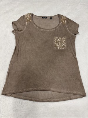 Via Milano T-shirt Faded Taupe Gold Sequins & Pocket Scoop Neck Women s Large