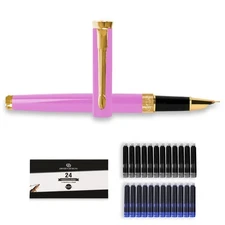 Fine Nib Fountain Pen - Includes 24 Ink Cartridges - 12 Black and 12 Blue - P...