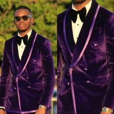 Business Velvet Men Suits Slim Fit Shawl Lapel Formal Wedding Prom Double Breast
