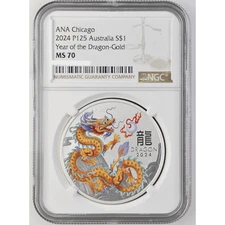 2024 Australia ANA Lunar Golden Dragon 1oz Silver Coin NGC MS 70