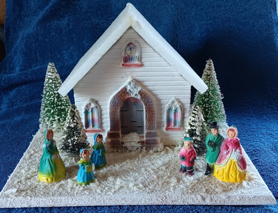 Vtg Music Box Village Chalkware On Board Xmas Diorama RARE Snow Scene Church MCM