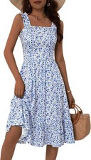 2025 Women Summer Elastic Straps Square Neck Floral A-line Flowy Midi Sundress