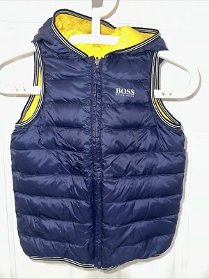 BOSS Boys Down Yellow & Navy Reversible Hoodie Vest Side Pockets Size 6-114cm