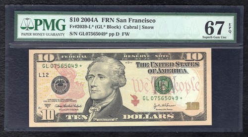 FR.2039-L* 2004-A $10 FW *STAR* FRN SAN FRANCISCO, CA PMG GEM UNCIRCULATED-67EPQ - Picture 1 of 2