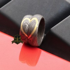 Custom Damascus Steel Brass Heart His Hers Couple Rings Wedding Bands