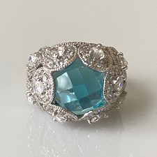 925 Sterling Silver Faceted Blue Clear CZ Cocktail Statement Ring Size 6.75