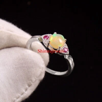 Natürlich Opal & Heizbar Rubin Mit 18K Weiß Vergoldet Silber Damen Ring #658 - Bild 1 von 4