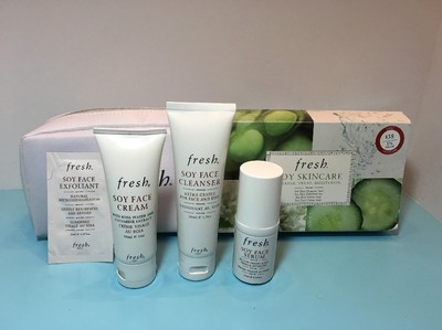 FRESH - SOY SKIN CARE - CLEANSER, EXFOLIANT, SERUM, CREAM -TRAVEL BAG -$76 VALUE