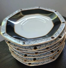 8 Saucers Rare 1980s # L9419 Perfect Mikasa Interlude Black White Gold 6 Inches
