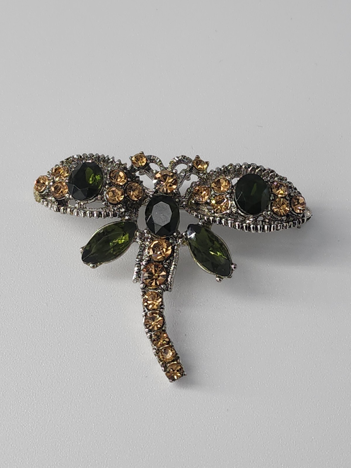 Vintage Estate Dragonfly Brooch Rhinestones Silve… - image 1
