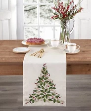 Lenox Holiday Tree Embroidered Rectangle Table Runner  ~~  14" x 72" Size