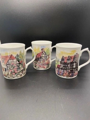 Set of 3 VTG English Bone China Mugs by Fenton China Company Country Cottage EUC