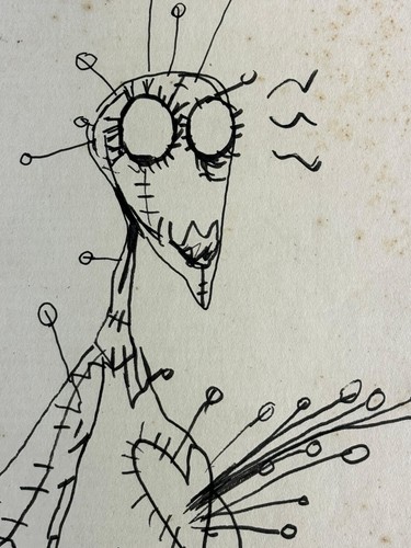 Tim Burton (Handmade) Zeichnung auf altem Papier signiert & gestempelt, Vintage Kunst - Bild 2 von 4
