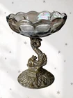 VTG Federal Glass Compote Koi Fish Stand Thumbprint Design Iridescent Smoke Grey