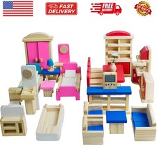 Wooden Dollhouse Furniture - 5 Sets, 1:12 Scale Doll House Furnishings, 35 Pi...