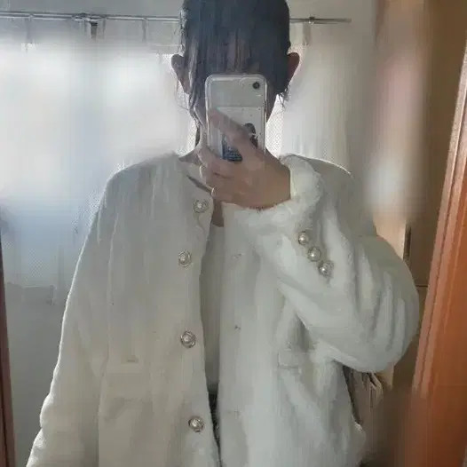 White Faux Fur Pearl Button Jacket for Women