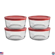 Anchor Hocking Set of 4 Glass Food Storage Containers - 4 Cup with Red Lids