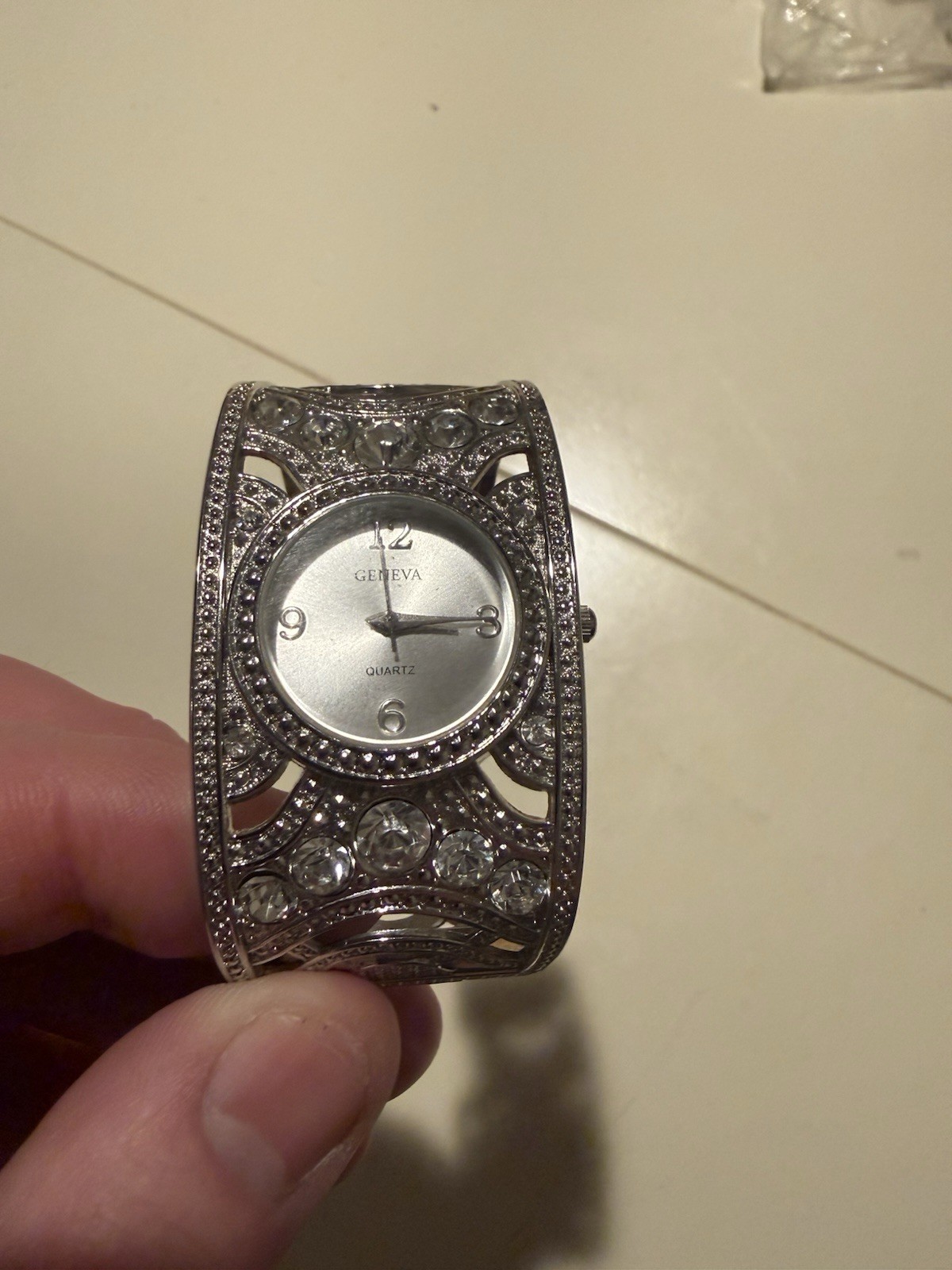 Geneva Rhinestone Crystal Cuff Bangle Watch Silver Tone Wide Bracelet