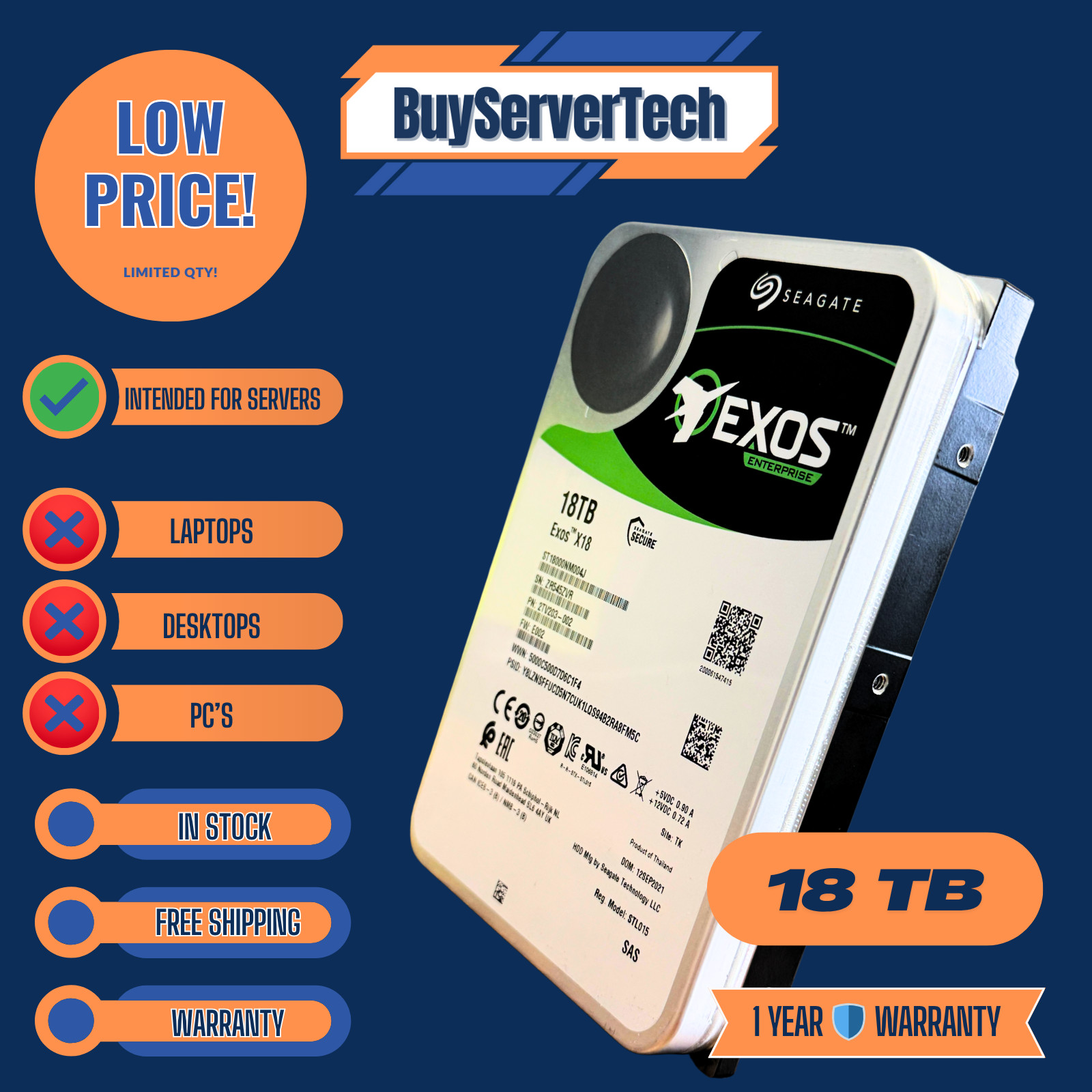 Seagate Exos X18 ST18000NM004J 18TB 7.2K SAS 12Gb/s 3.5" Enterprise HDD 0 Hours