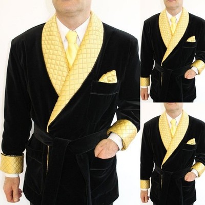 Black Velvet Men's Smoking Jacket With Belt Dinner Party Host Tuxedo Men Blazer
