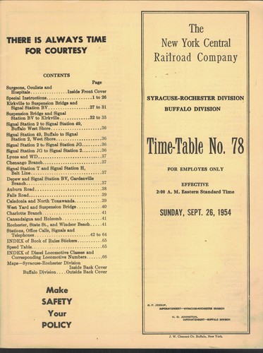 New York Central Sept 26 1954 Employee Time Table #78 - Syr-Roch & Buff Division