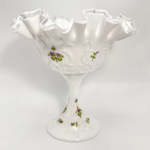 Fenton Violets In The Snow Ruffled White Milk Glass Stemmed Dish - Alice Farley