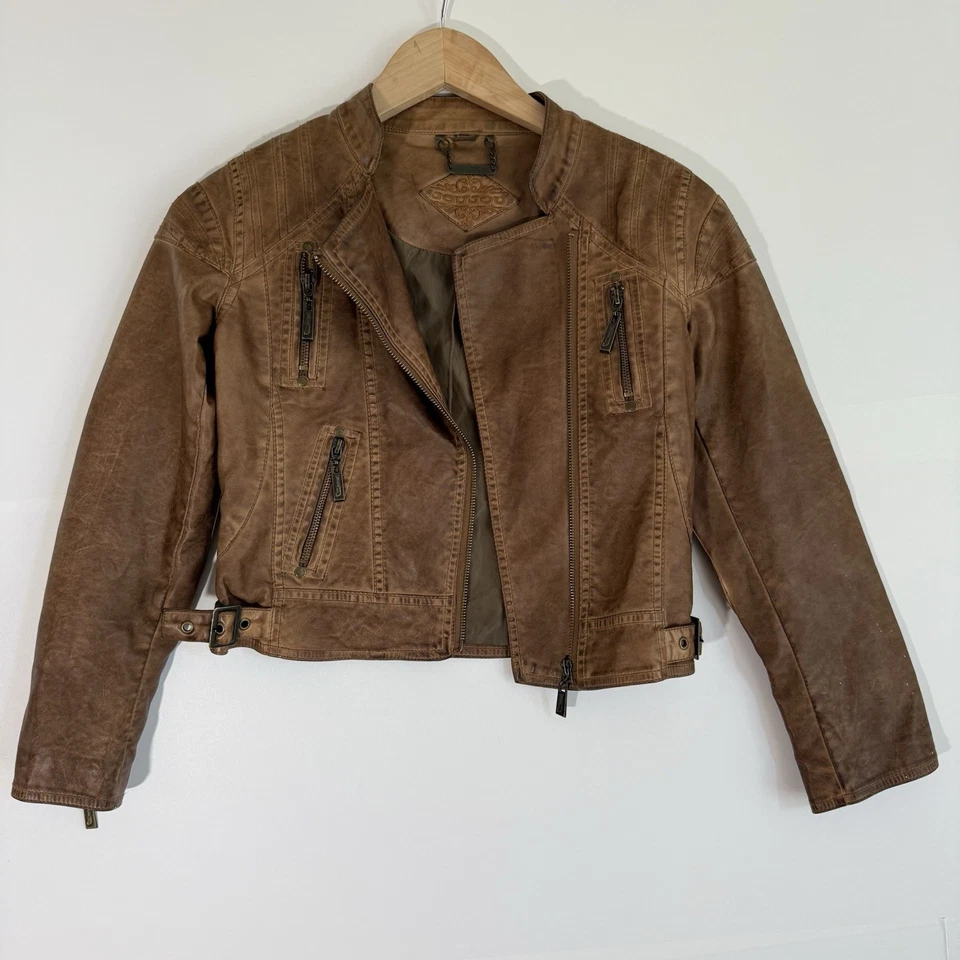 JouJou Faux Leather Moto Jacket Brown Zip Up Women’s M 10/12 Biker Style Vegan - Image 2 of 4