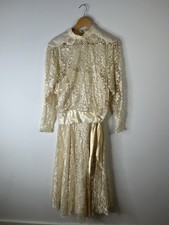 Vintage 1980  s Prairie Dress Women  s Ivory Lace Drop Waist Long Sleeve Party