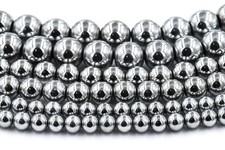 Rhodium Plated Hematite 3mm, 4mm, 6mm, 8mm, 10mm Silver Round Beads -15 inch str