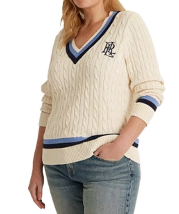 売れ筋商品|||ラルフローレン ニット&セーター アウター レディース Women's Cable-Knit Cotton Cricket Sweater Cream/Navy Stripe Lauren Ralph Lauren Cable Knit Cricket Sweater Women's 2x