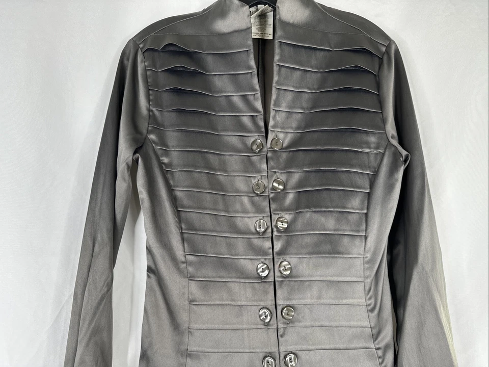 NARACAMICIE 分层双纽扣前缎面上衣女式 2 码灰色长袖 — 第 3/4 张图片