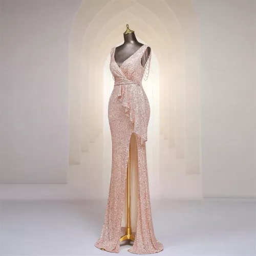 Evening Dress Tassel V Neck Ruffles High Split Women Sequin Long Prom Party Gown - Picture 5 of 30