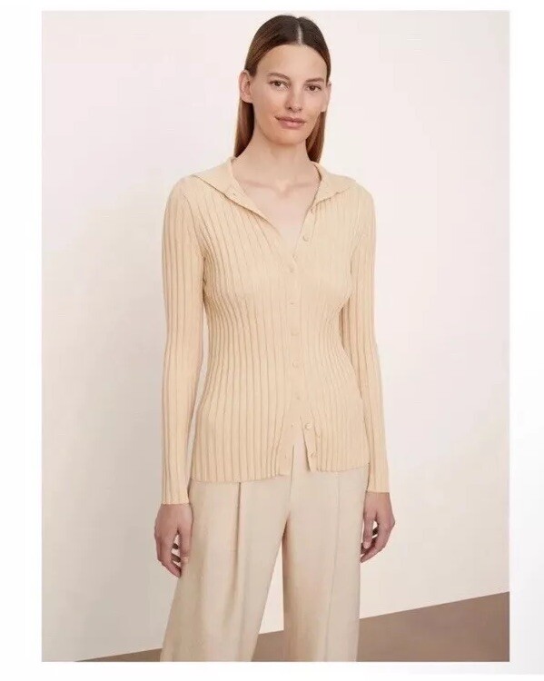 Vince Ribbed Collared Top Fitted Button Front  Si… - image 1