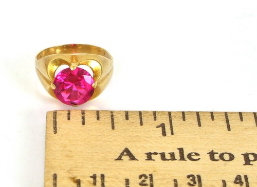 VINTAGE BEAUTIFUL 14K YELLOW GOLD SIGNED EC LARGE RED RUBY RING SZ7.5 3 GRAMS - Picture 3 of 3