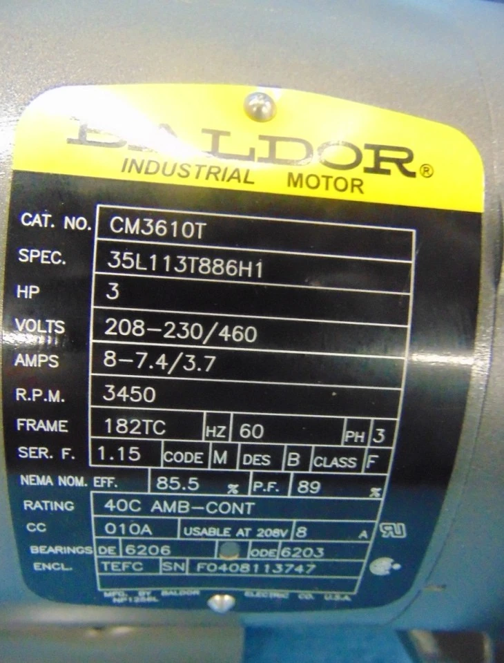 BALDOR CM3610T  INDUSTRIAL AC MOTOR, 3 HP 3450 RPM 208-230/460 VOLTS 3 PH 182TC - Image 2 of 4