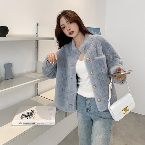 2022 Women's Winter Solid Stand Collar Single Breasted Striped Cropped Jacket - Picture 11 of 16
