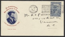 1934 #208 Jacques Cartier FDC Blue Portrait Red Text Cachet Winnipeg Slogan