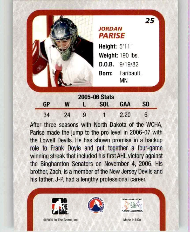 2006-07 In The Game Between The Pipes Jordan Parise #25 - Image 2 of 2