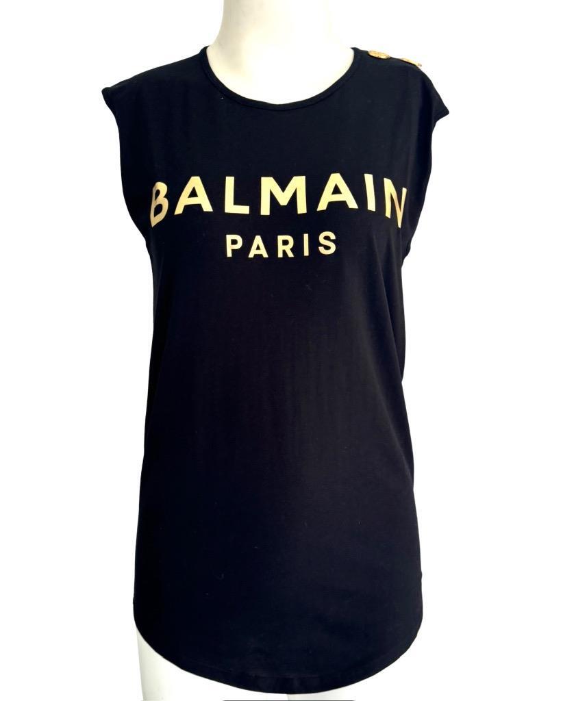【関税込み】Balmain ブラック Tank Top プリントTシャツ Balmain Top Black and Gold Logo Tank with Gold Buttons New