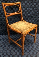 Ancienne Chaise Vintage En Rotin Teintée Foncée Assise Tissus En L’état