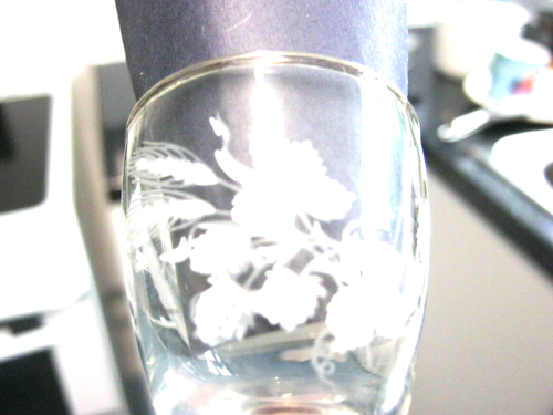 5 x small liquor/shot stemmed glasses with etched white flowers. 9cm. tall - Picture 2 of 2
